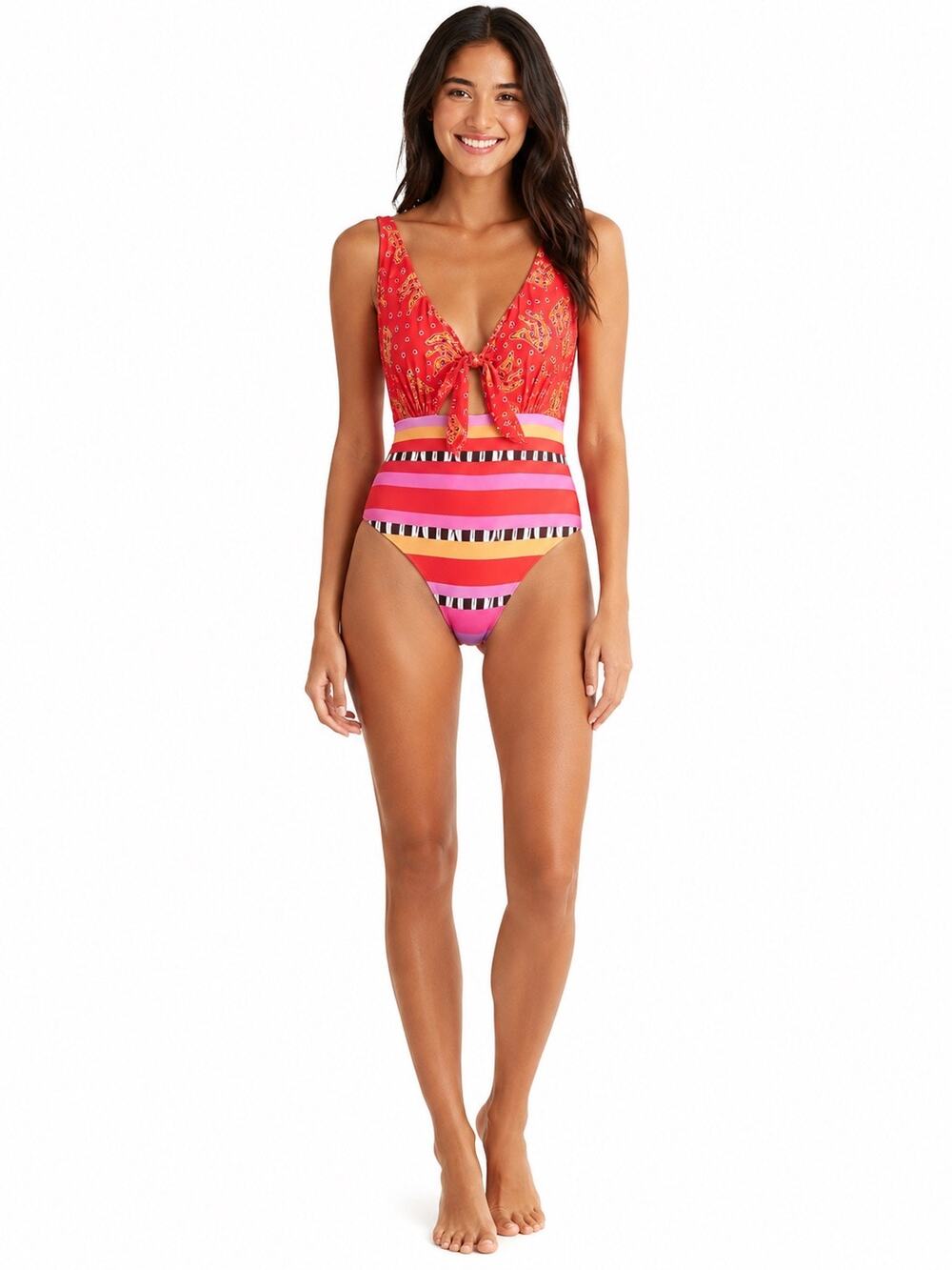 FARM RIO Lucy Tiki Bananas Striped Reversible 
 One Piece Swimsuit